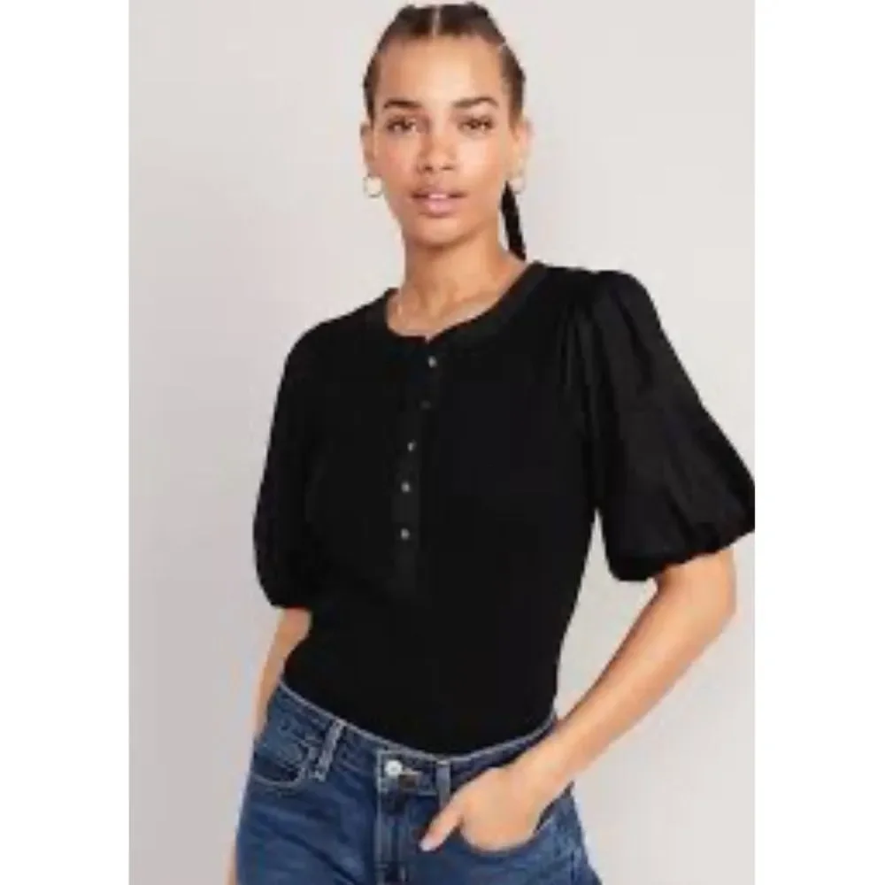 Old Navy Womens Black Cotton‎ Puff Sleeve Stretchy Fitted Button Top sz XXL Boho